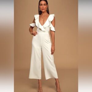 Lulus Doozy White Ruffled Wide Leg Off the Shoulder Jumpsuit